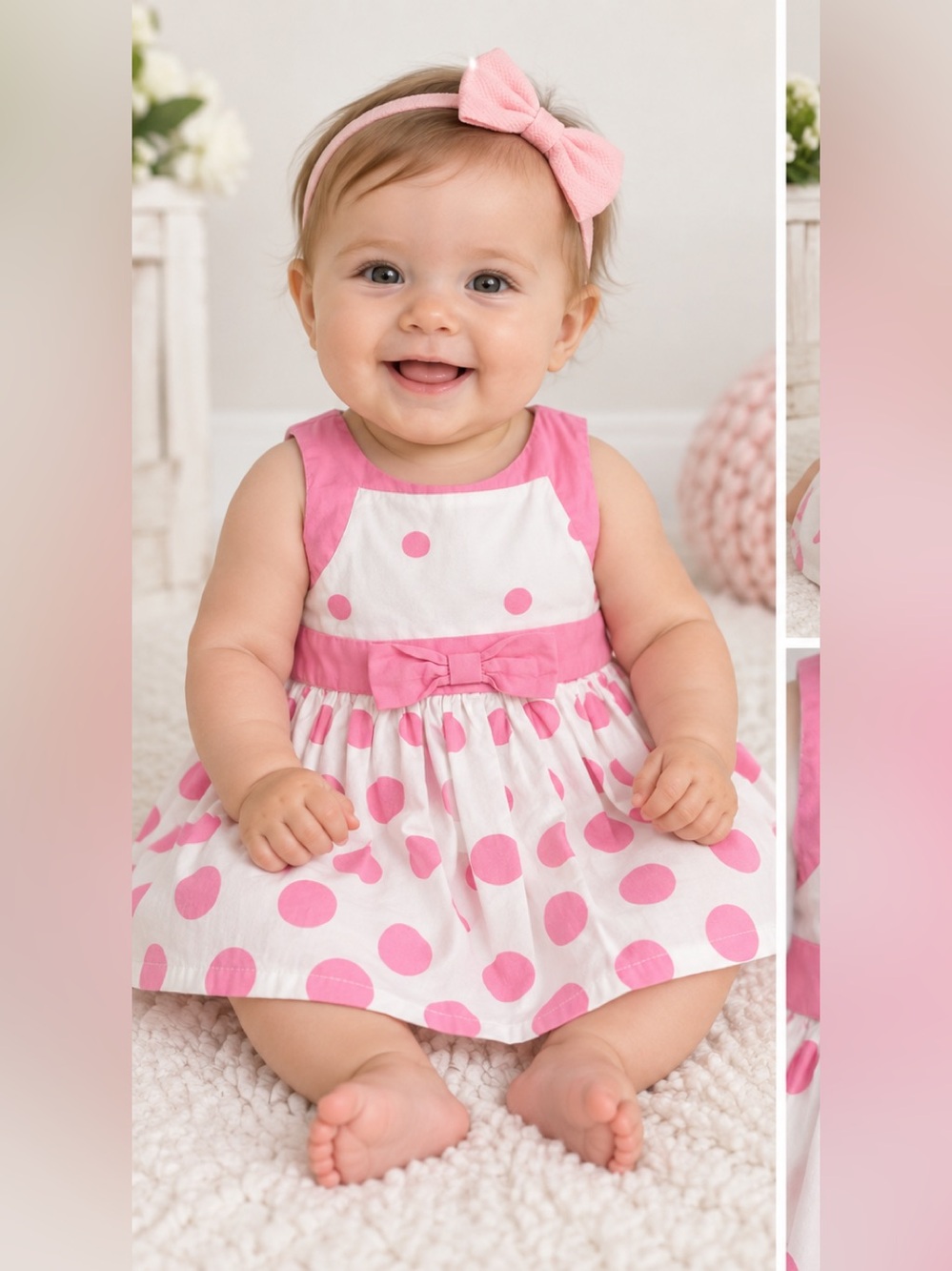 Lullaby Club Baby Girl Dress 3M Pink White Polka Dot Bow Cotton